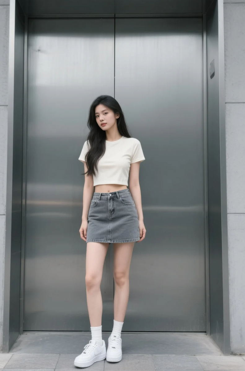 短款漏腰T恤搭配短裙，甜酷女孩上线了