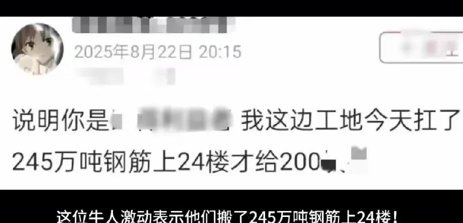 一天扛了245万吨钢筋到24楼才给200块确实太少了，应该给配个母猴子，这活儿只