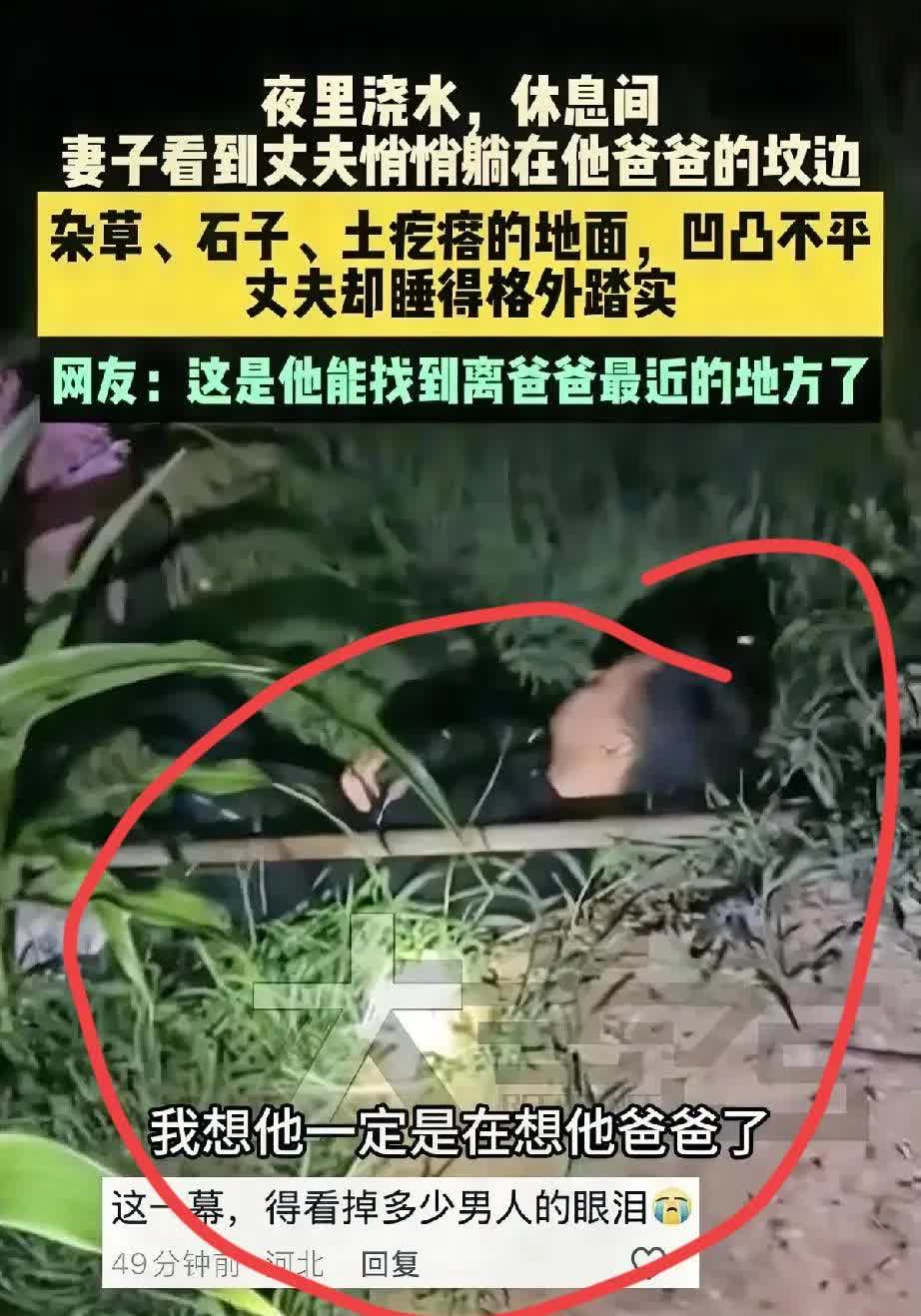 这一幕看哭了多少人，有一对夫妻俩在地里干活。他老公干累了，躺在父亲的坟头前就睡着