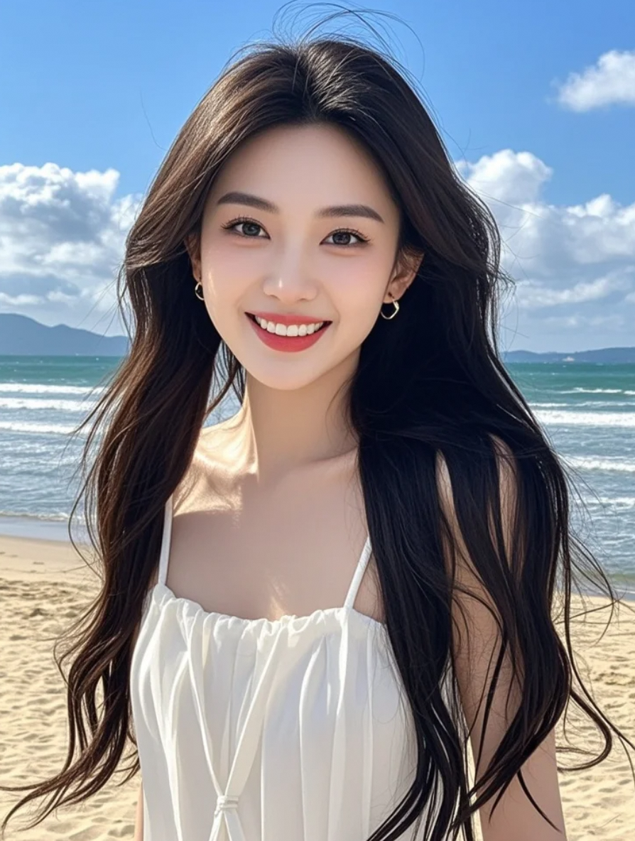 裙角翻飞，追逐着逃逸的浪花