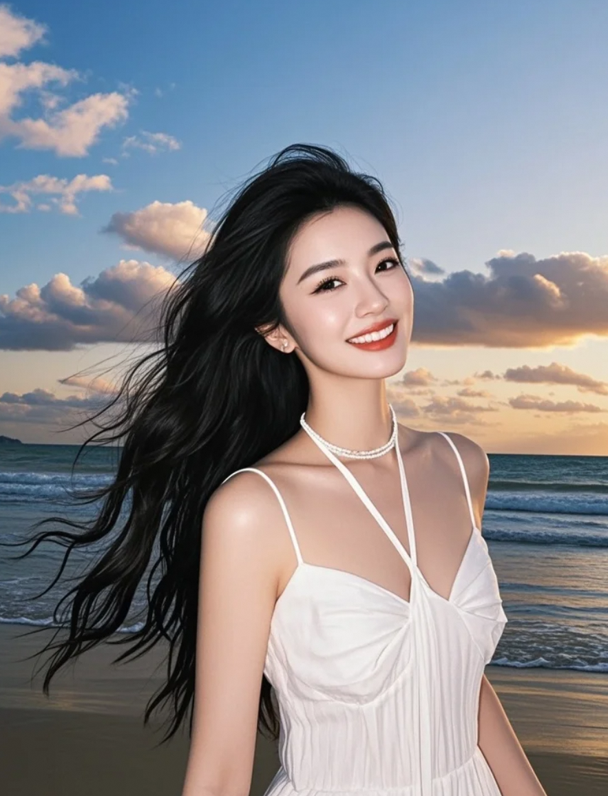 晚霞是滤镜，裙摆是主角，海是背景板