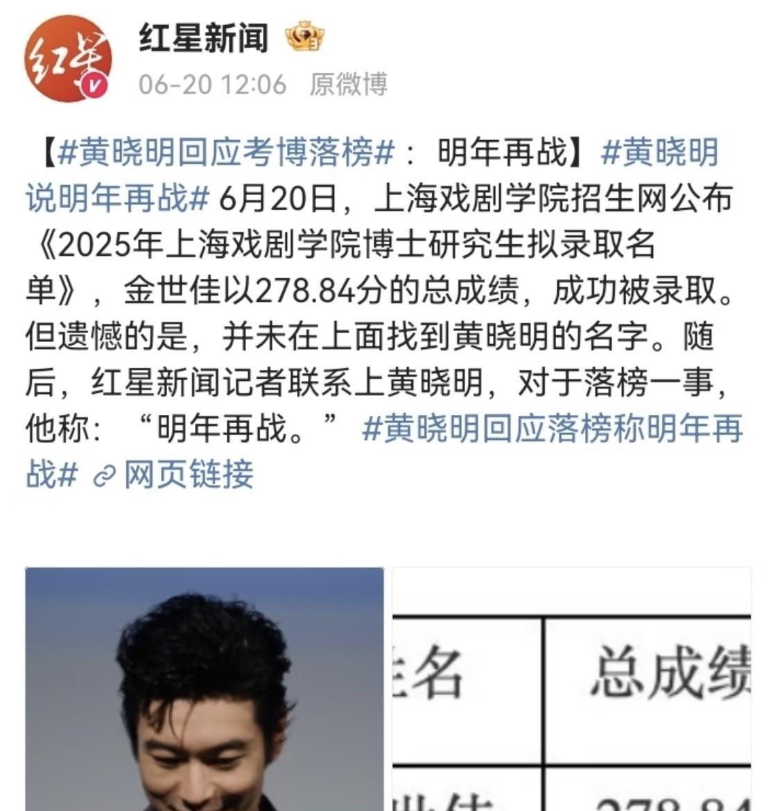 黄晓明回应考博落榜。
6月20日，上海戏剧学院2025博士拟录取名单公布，金世佳