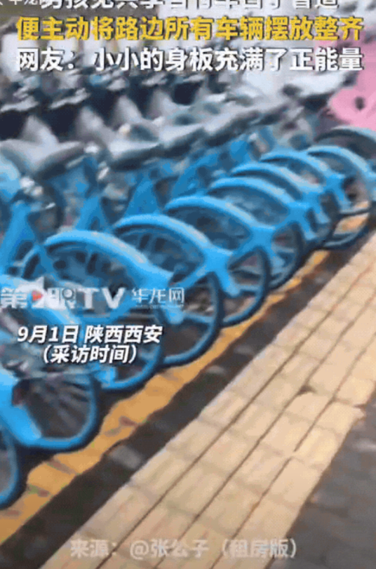 9月1日，一名男子回家路上，看见一个小男孩正在整理路边的共享单车。男子感觉有点好