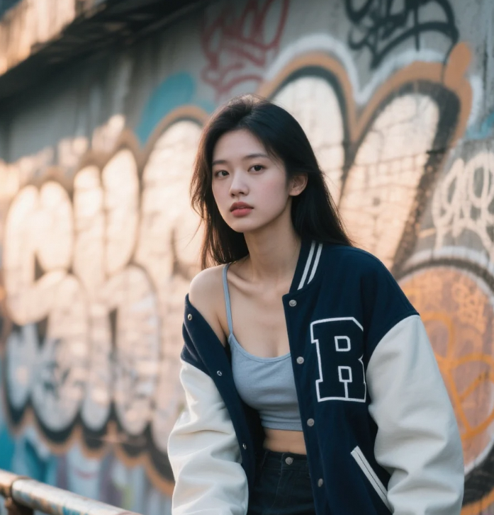冷调光影里的温柔锋芒——棒球夹克美人图鉴