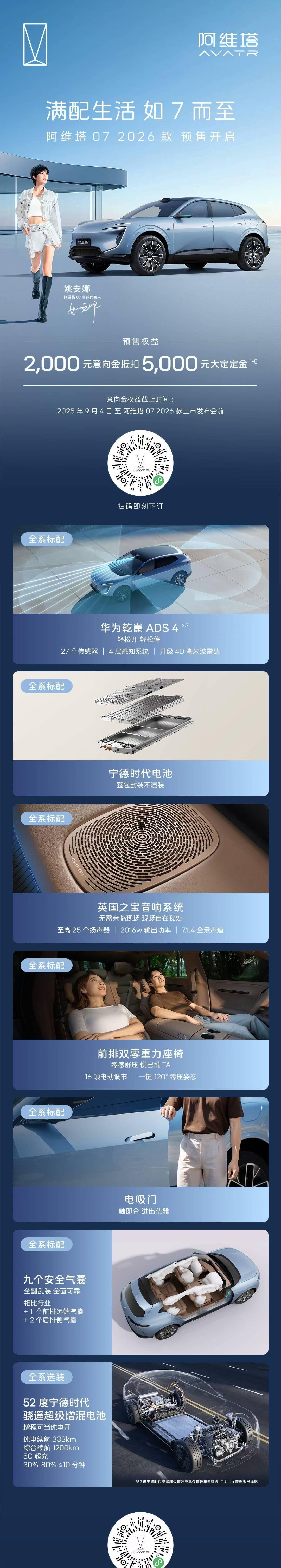 52度宁德时代纯电333公里。打造爆款要有功能配置记忆尖点。新款阿维塔07前排双