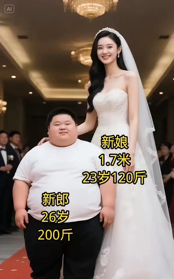 《搭配》
这对夫妻搭配妙，
男丑新娘却很俏。
如是真爱走一起，
…………？
拋砖