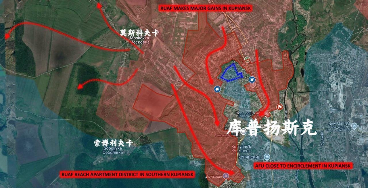 乌军正在北部战线库普扬斯克溃败，乌军正面临被包围的威胁
过去几周，俄罗斯武装部队