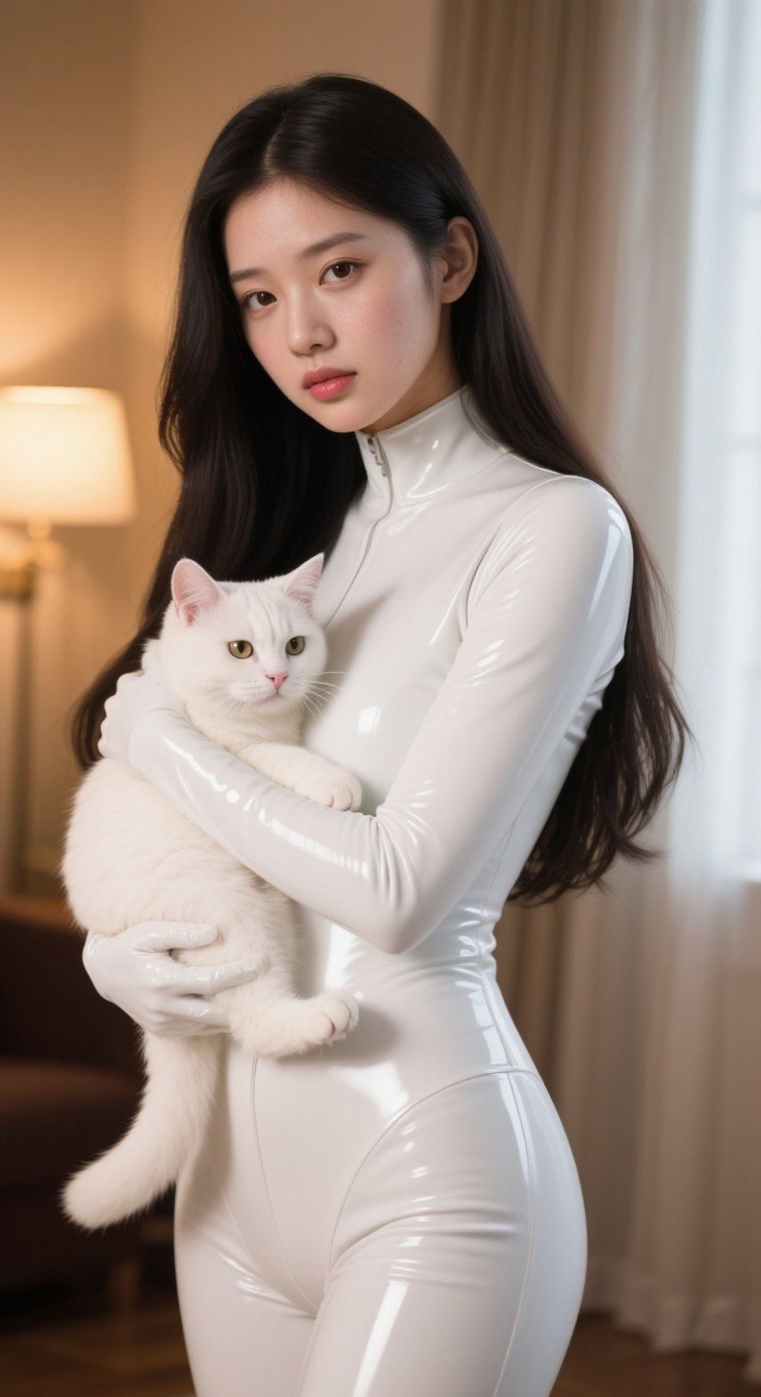 娇媚佳人持枪而立，萌猫入怀更添俏皮