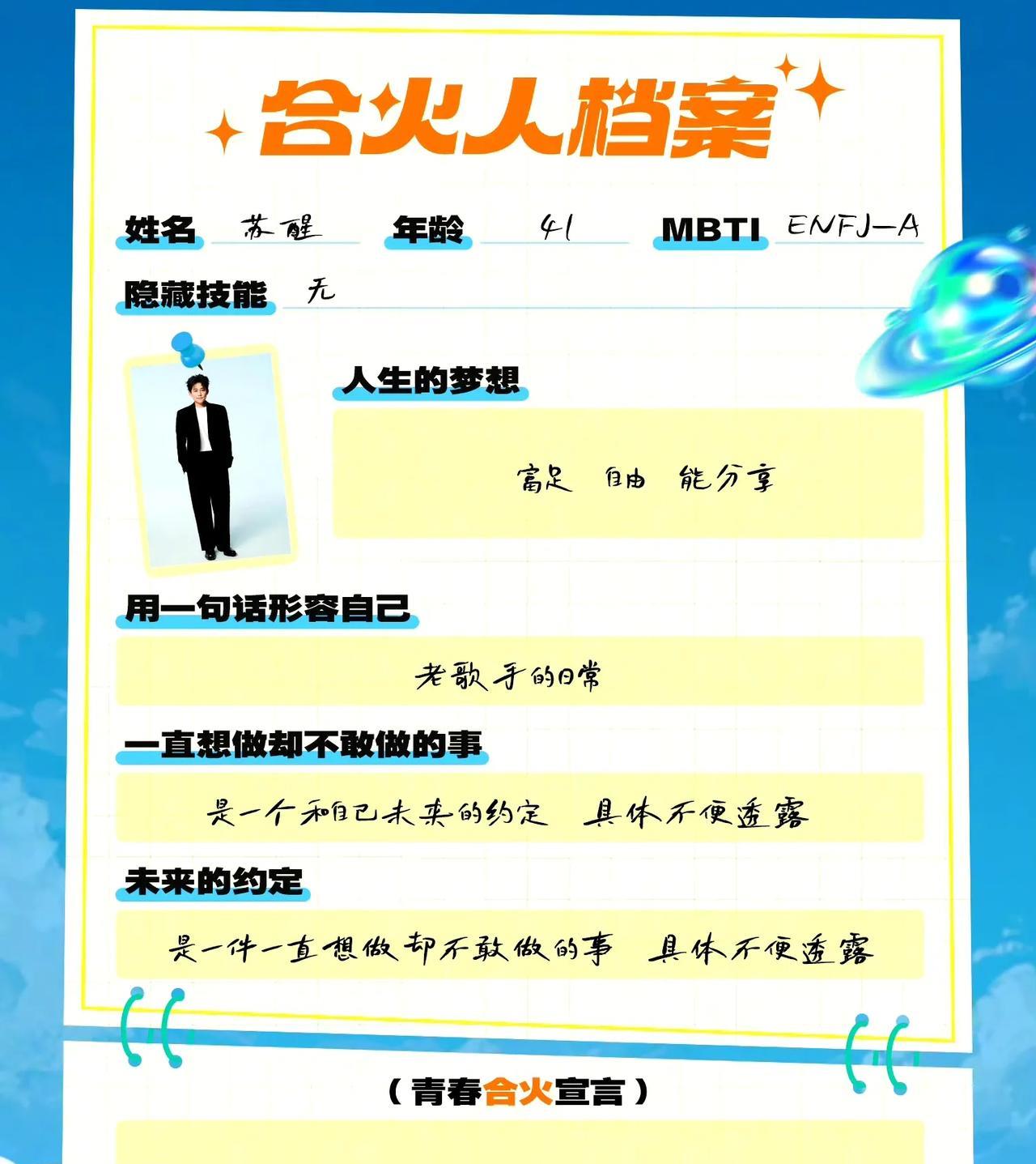 披哥五四青年的档案可太有意思了，苏醒张远王栎鑫王铮亮四个人都有自己风格
苏醒一贯