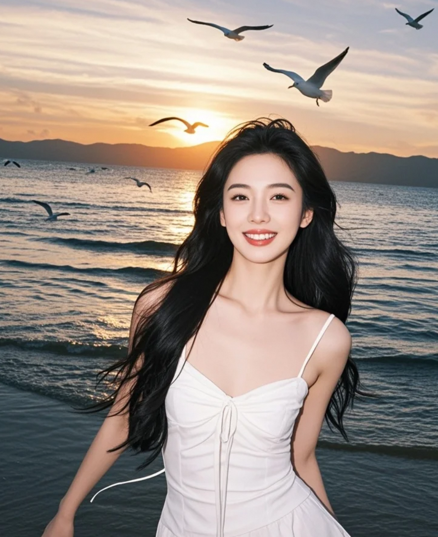 在落日熔金的时刻，她与长发白裙共赴一场约会