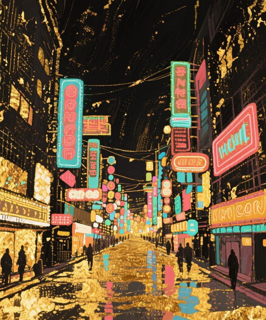 #AI妙生图#霓虹闪烁，照亮夜的梦河，金光倒影间，似藏着城市不为人知的秘密与希望