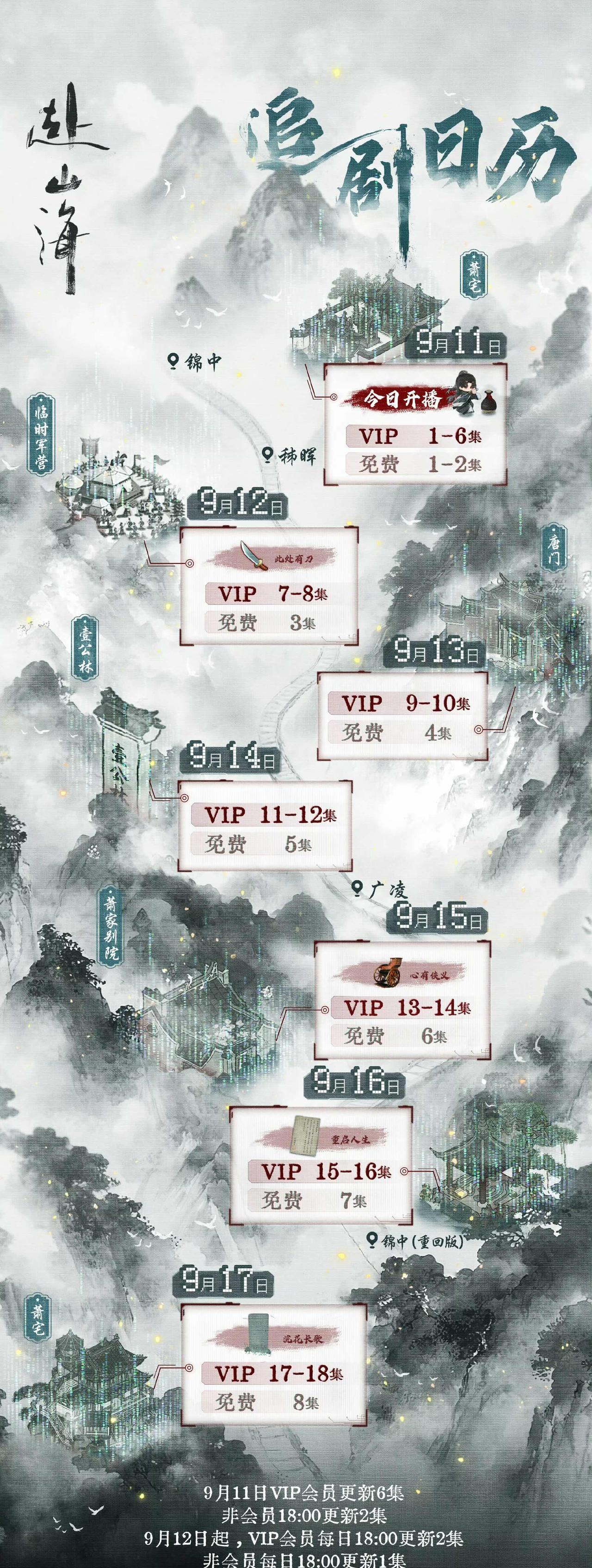赴山海追剧日历来咯！
今晚18:00相约共赴山海，啊啊啊我要看6集！[祝福][祝
