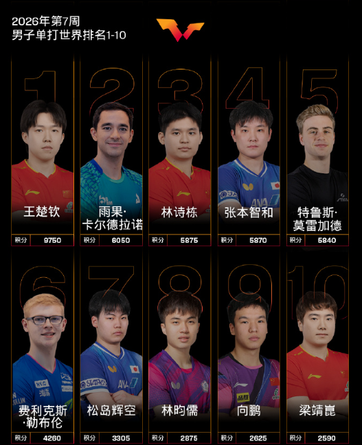 男子单打，中国队球员王楚钦位列第一，林诗栋位列前三，向鹏位列第九，梁靖崑位列第十