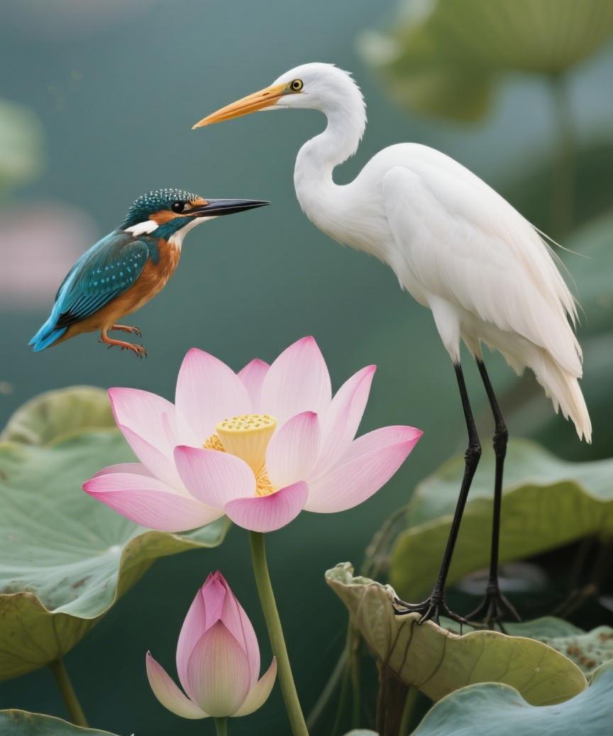 #AI妙生图#粉荷静立，翠羽灵动，白鹭凝眸，于这一方天地，感悟自然之妙，生命之奇