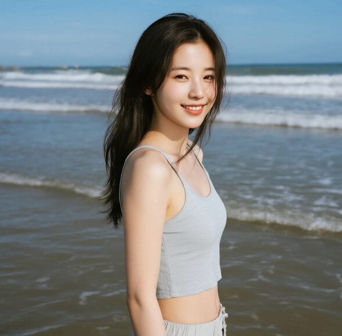 碧海蓝天，她用笑容点燃整个夏天