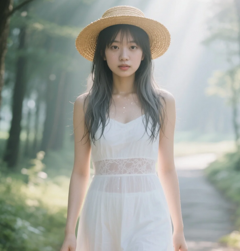 她不是游客，而是森林里悄然绽放的一朵花。