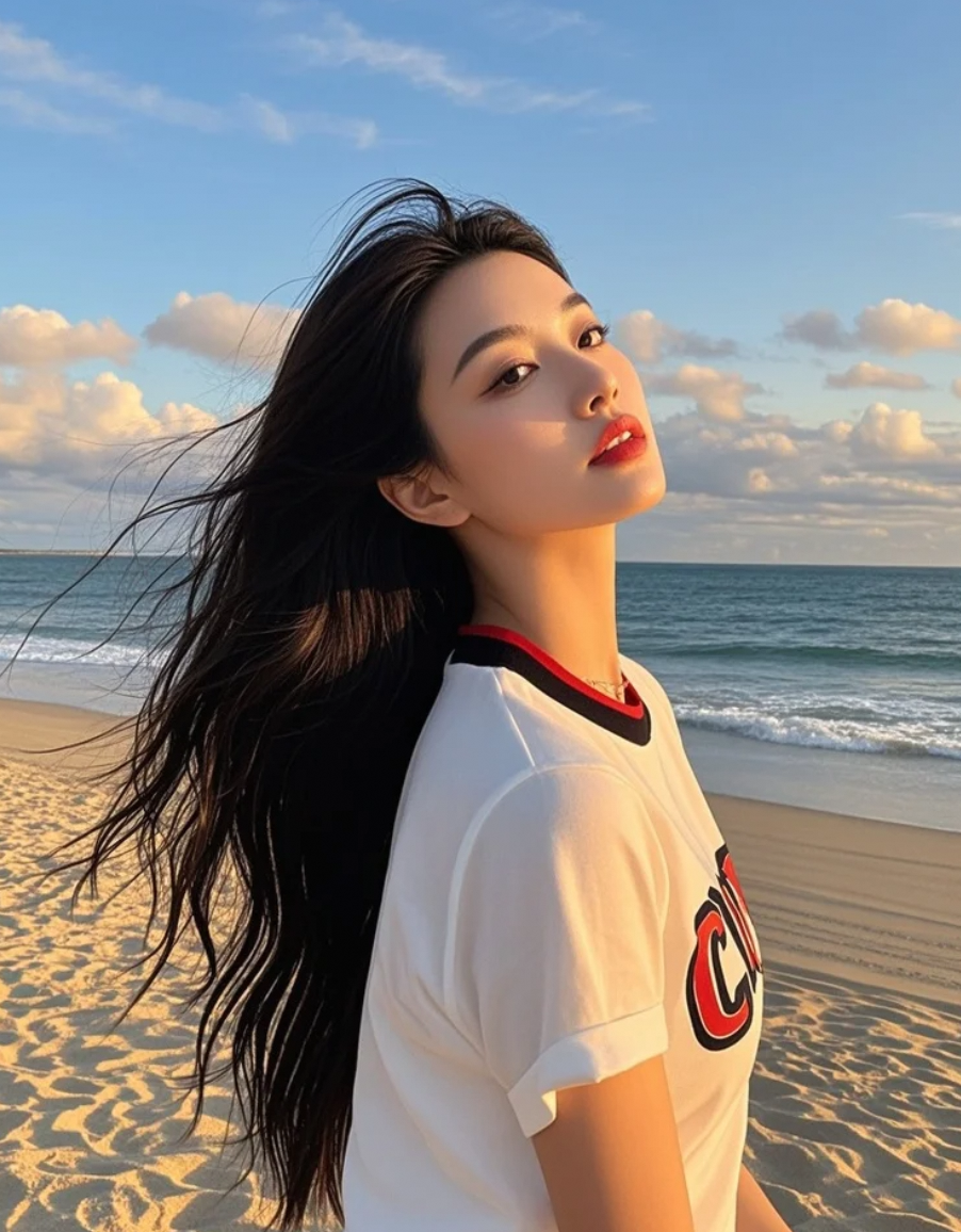 海风撩动她的长发，她唇色如霞，漫步沙滩，尽显大牌明星的自然亲和力