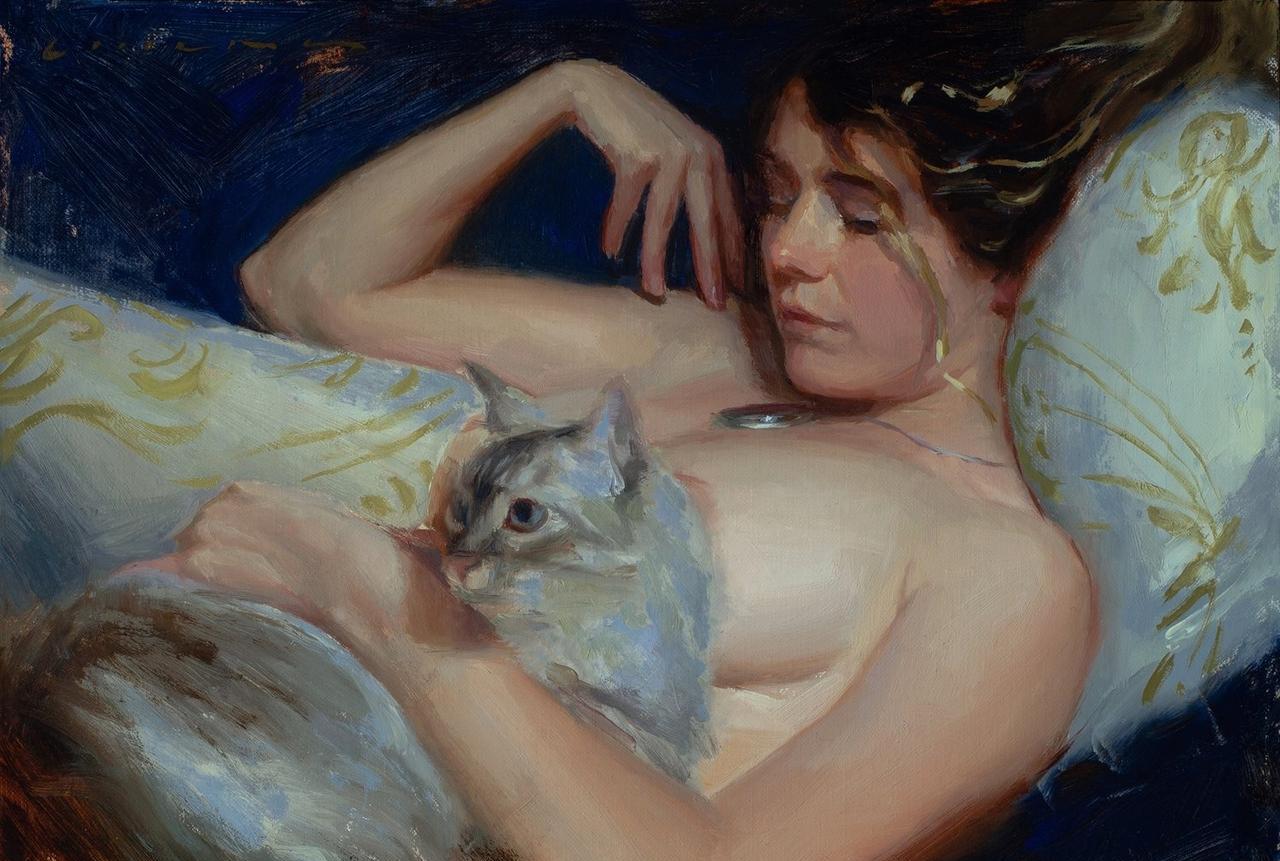 每日一图！
《猫一样的女子》 布面油画
作者：凯西·柴尔兹，美国现代艺术家。
凯