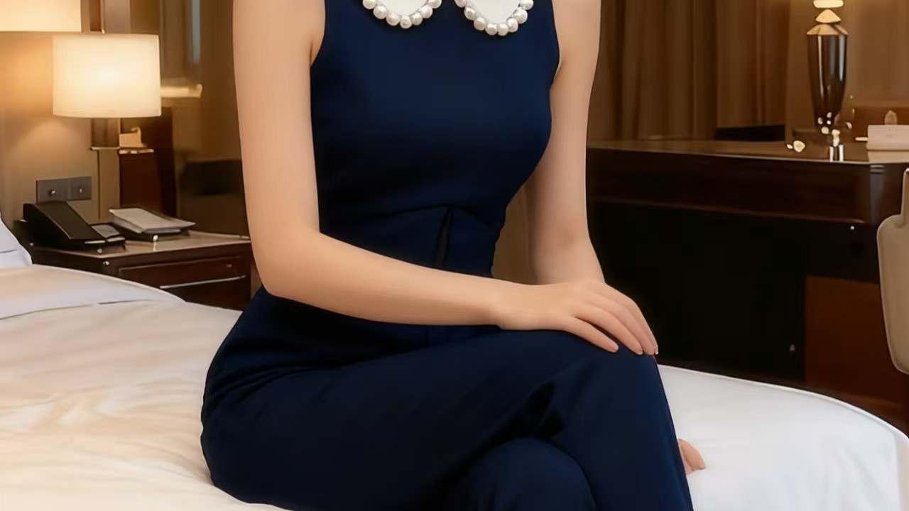 休闲通勤穿搭：深蓝紧身套装，修身显型。