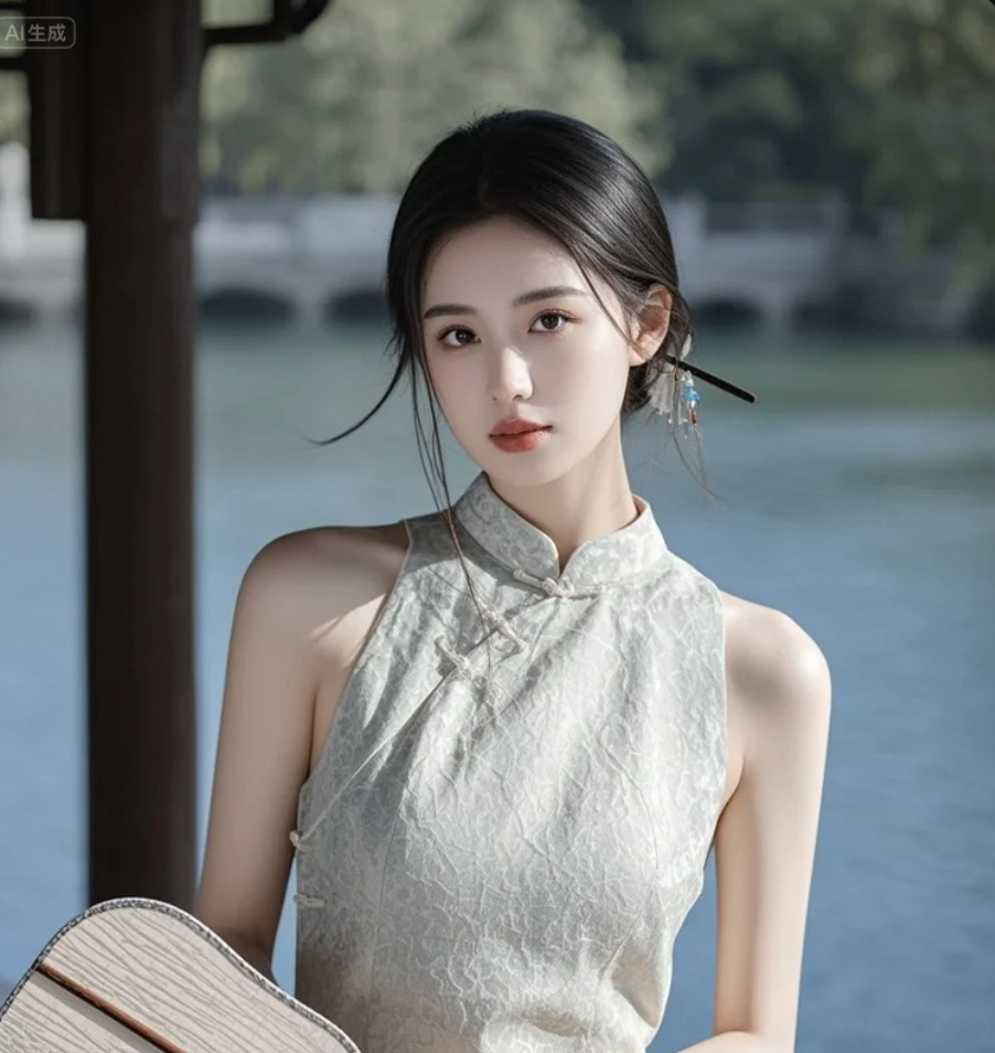 她执扇立于湖畔，风起时，连倒影都在为你回眸