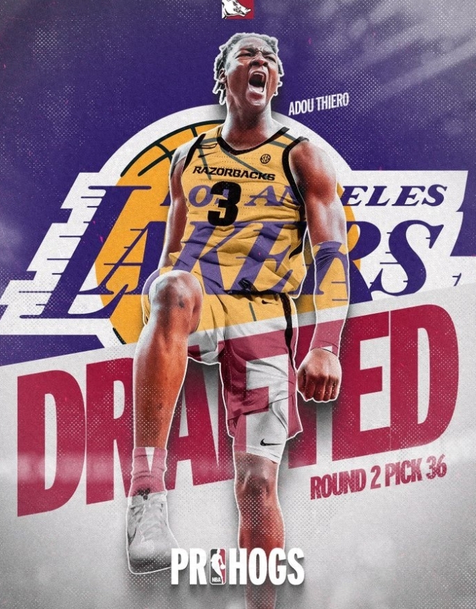 2025年NBA选秀大会次轮，湖人用36号签选中阿杜-蒂耶罗。
蒂耶罗母校阿肯色