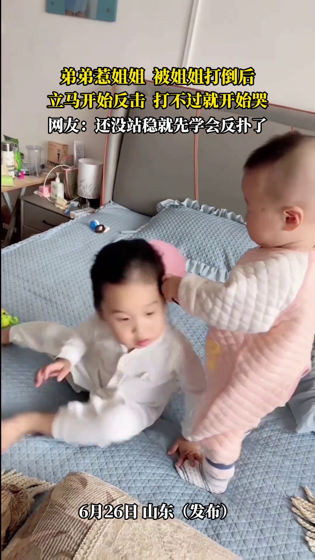 弟弟惹姐姐 被姐姐打倒，立马开始反击 打不过就开始哭，网友 -还没站稳就先学会反