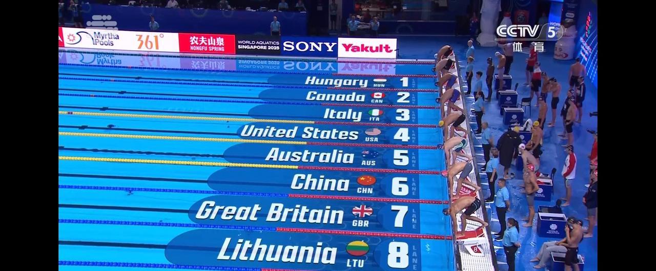 中国队获得男子4X100自由泳接力第五名
比赛开始后美国队就拉开差距，并且领先世