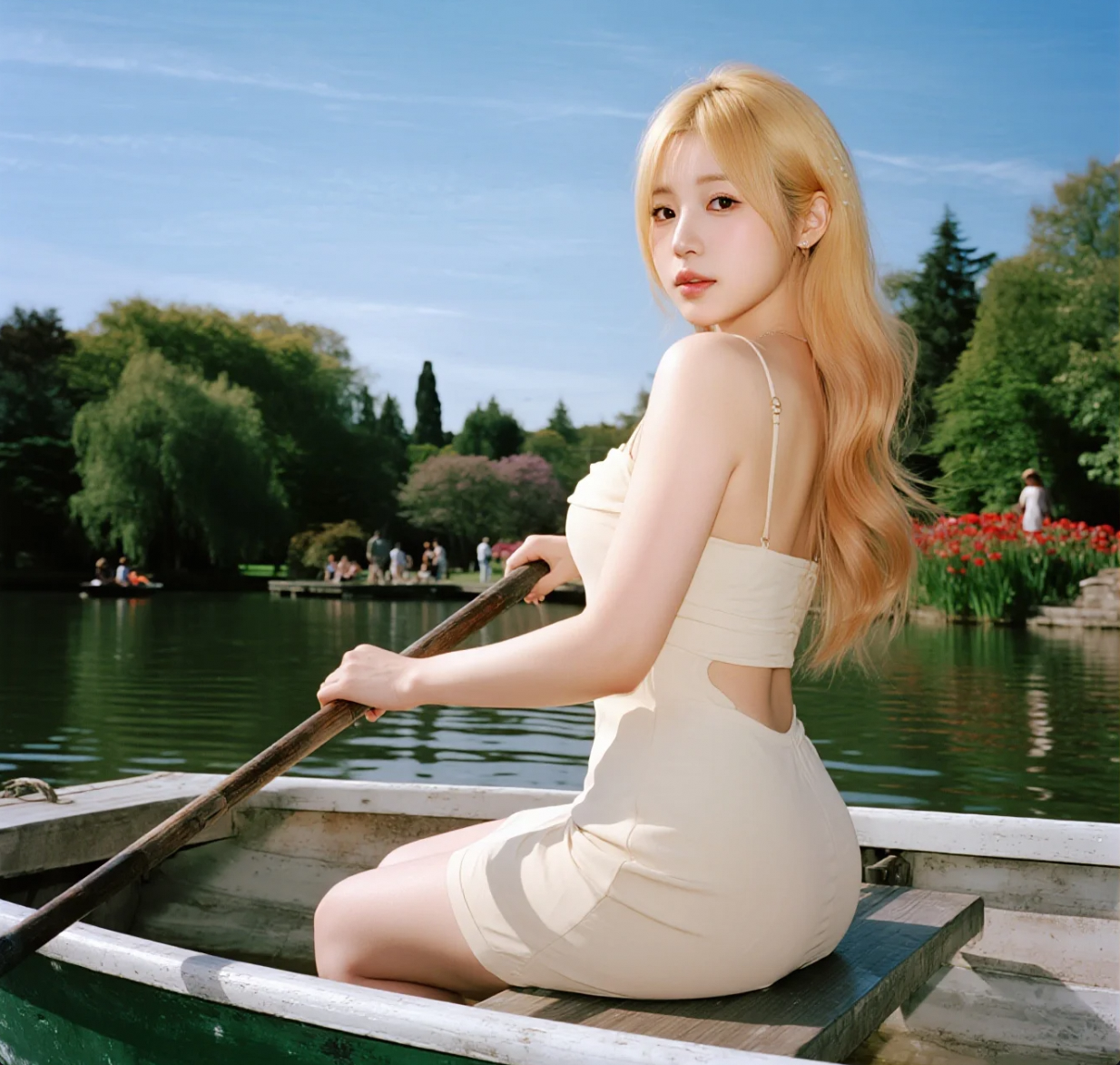 湖光倩影：白皙佳人轻舟泛波图集