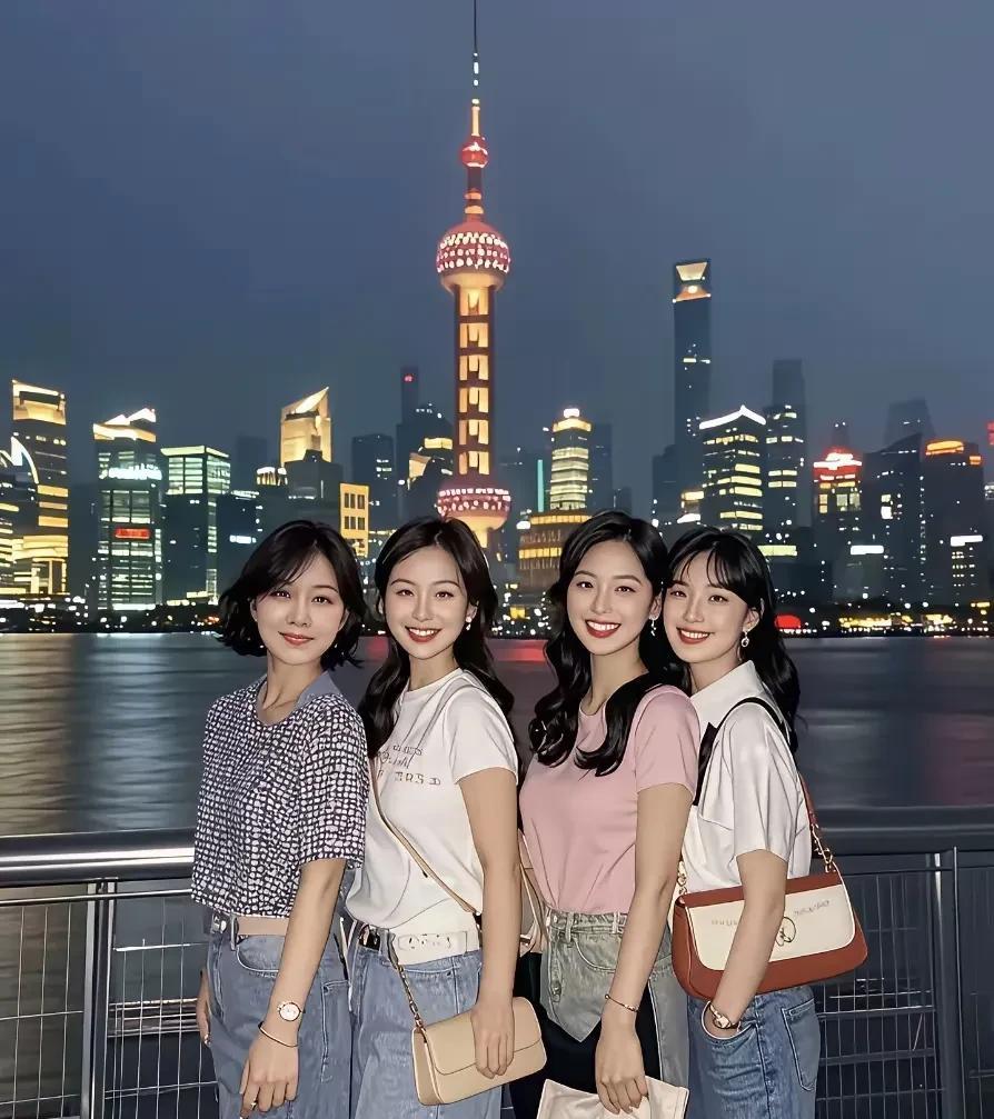 上海的夜景绝了！灯火璀璨的样子，把同行的四位小姐姐衬得更美了。她们美得各有特色，
