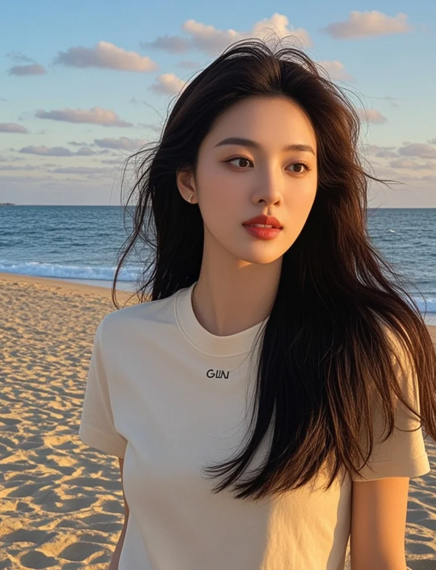 夕阳为她镀上金边，她笑靥如花，在沙滩上留下亲和又充满活力的星光足迹