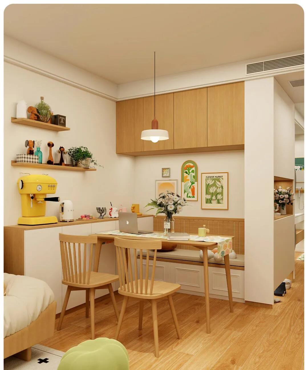 十八款卡座餐桌设计。
     餐厅卡座餐桌一体设计，收纳功能与颜值并存，大气又
