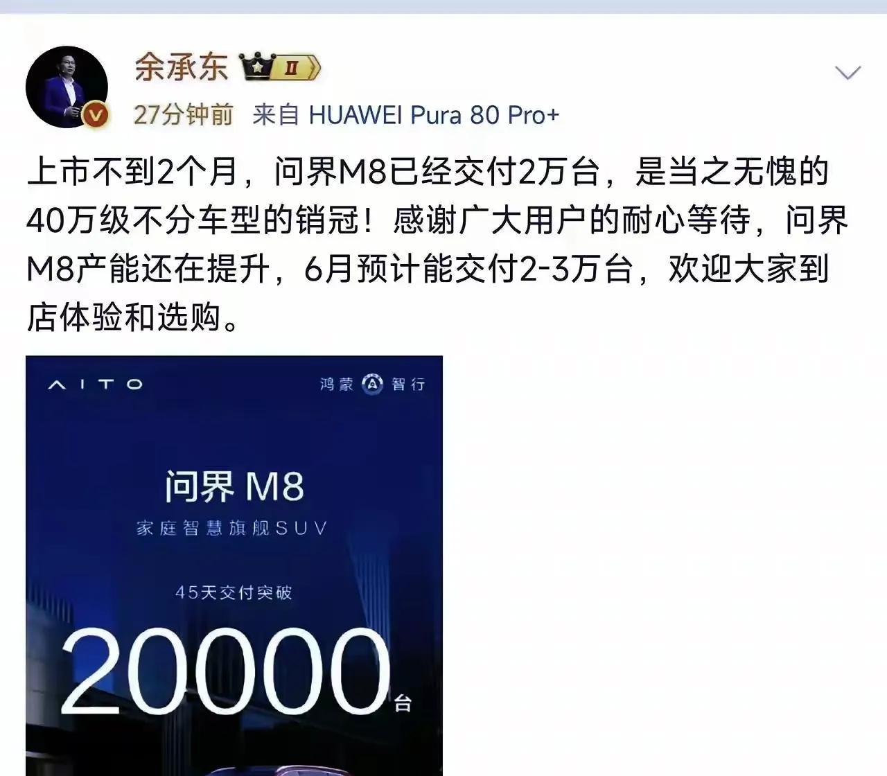 余承东发文：M8交付20000台！
bba的压力好大：
问界M9、问界M8霸榜3