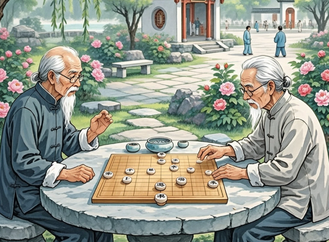 我看两个老先生下象棋，棋局险象环生，生死一线，焦灼中，我不禁沉醉于其中30分钟后