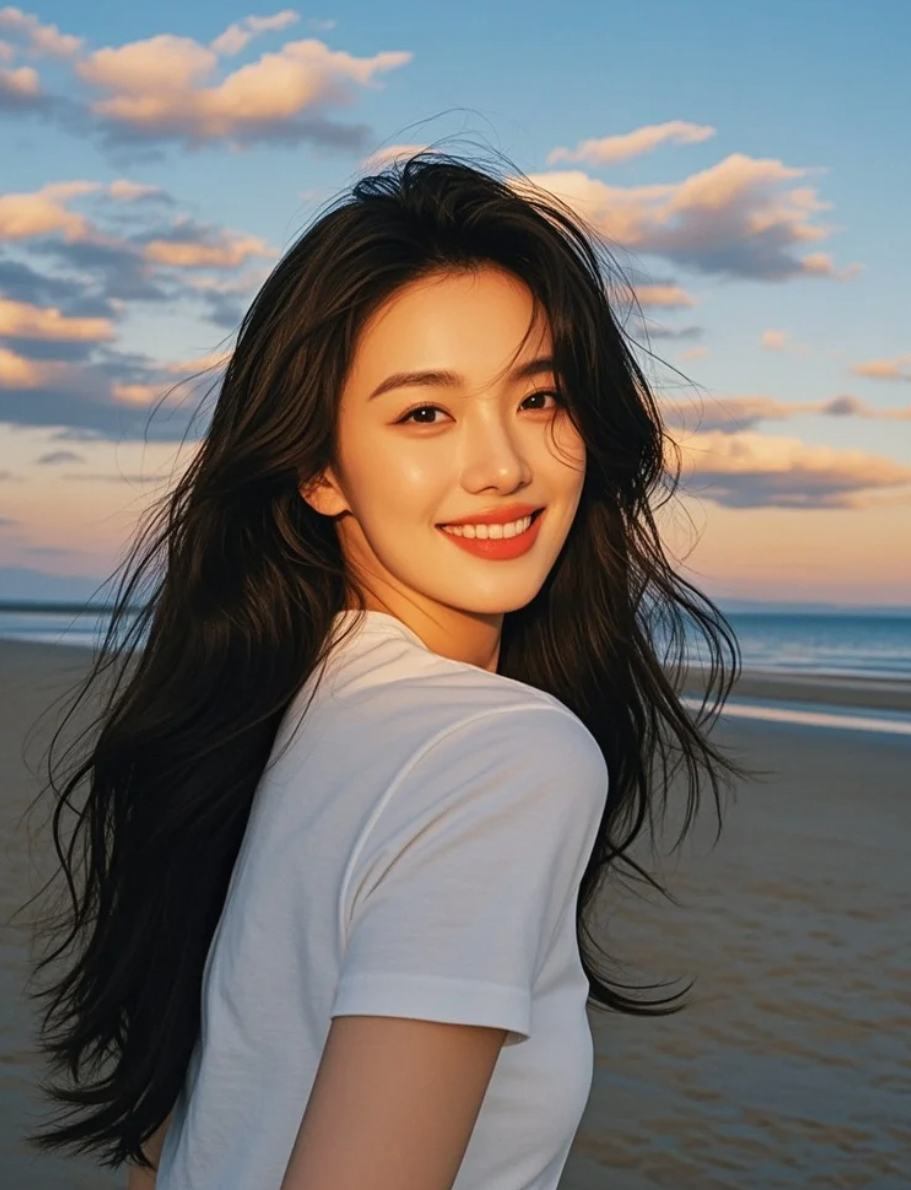 一袭简约白T恤搭配飘逸长发，她在夕阳下走出属于自己的节奏