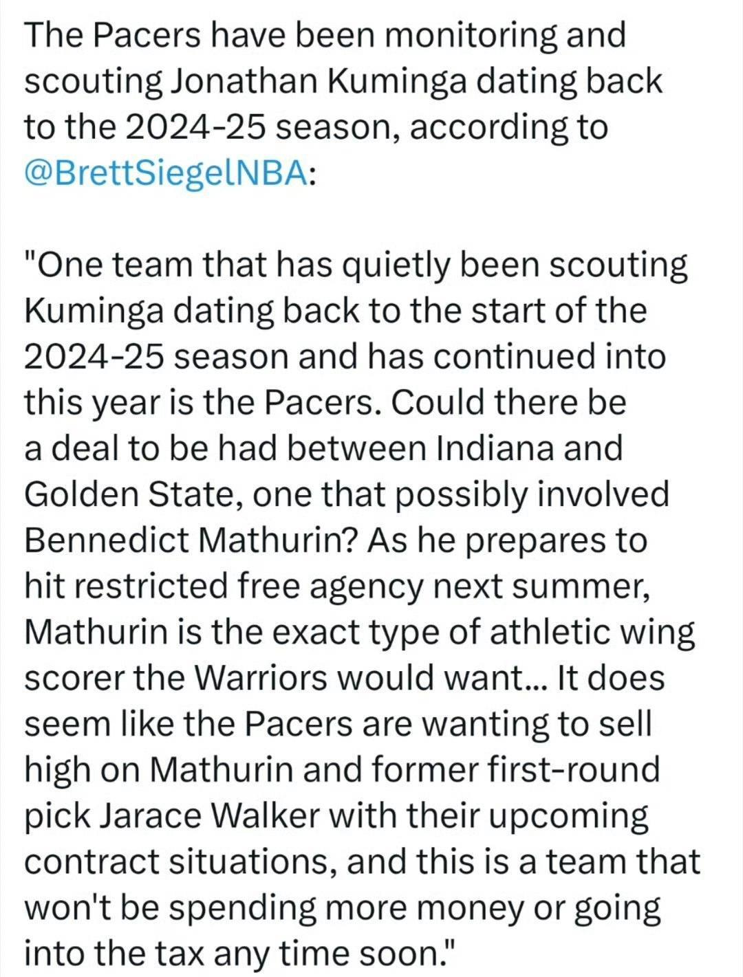 Brett Siegel：步行者一直在低调关注和考察库明加。
该记者报道，勇士队