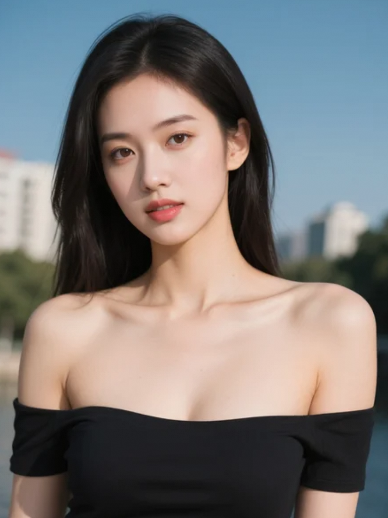 乌发如瀑垂落肩，阳光亲吻温柔侧脸。