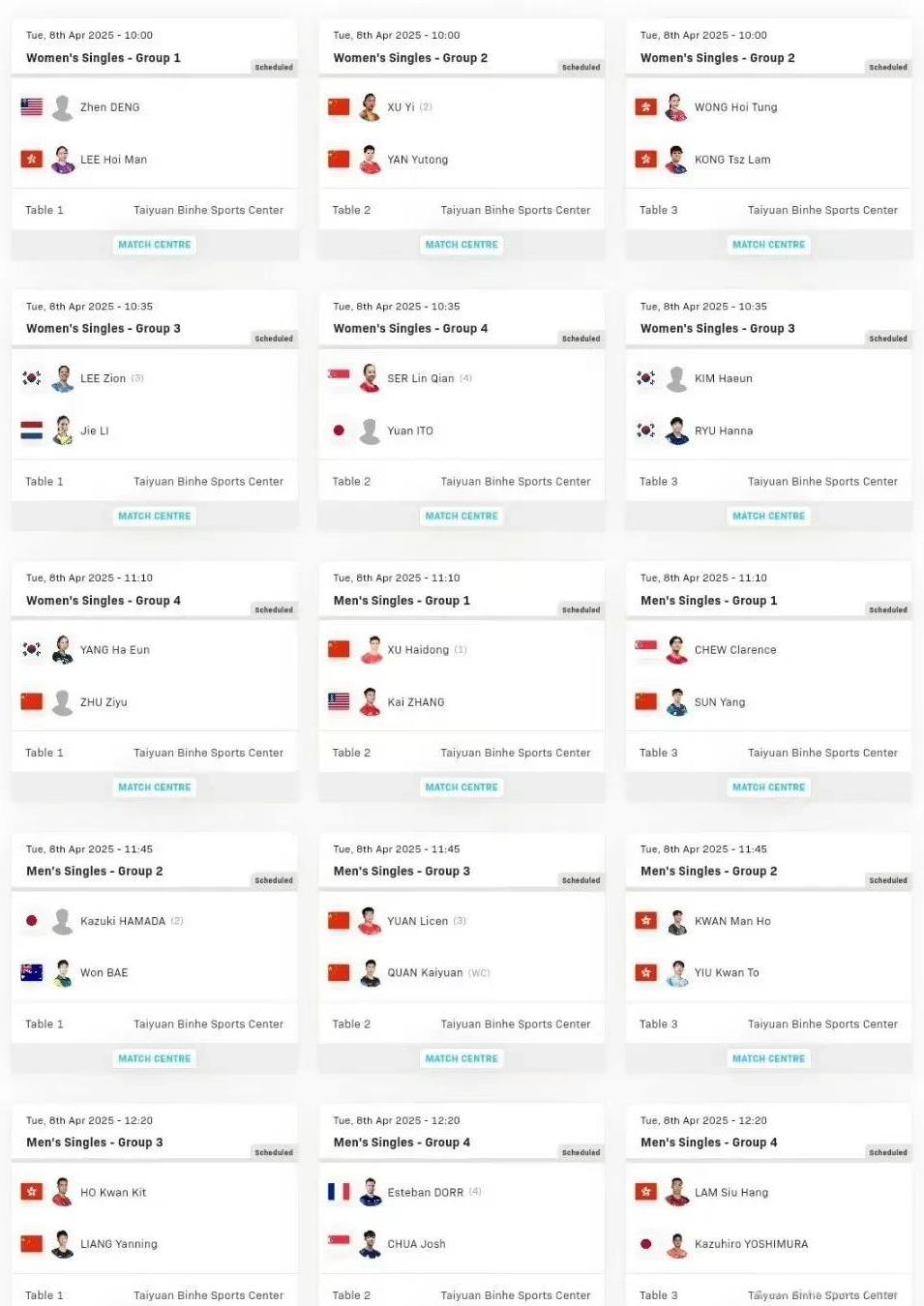 #乒乓球#2025WTT太原常规挑战赛资格赛第一比赛日赛程：4月8日