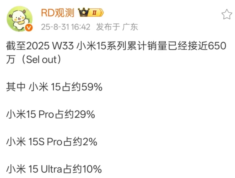 截至目前，小米15S Pro手机销量约为13万台。

作为第一款搭载国产自研芯片