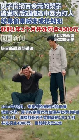 偷40斤桃子，一男子被刑拘
湖北枣阳，逃跑时：被发现，拿木棍打人！判14个月牢饭
