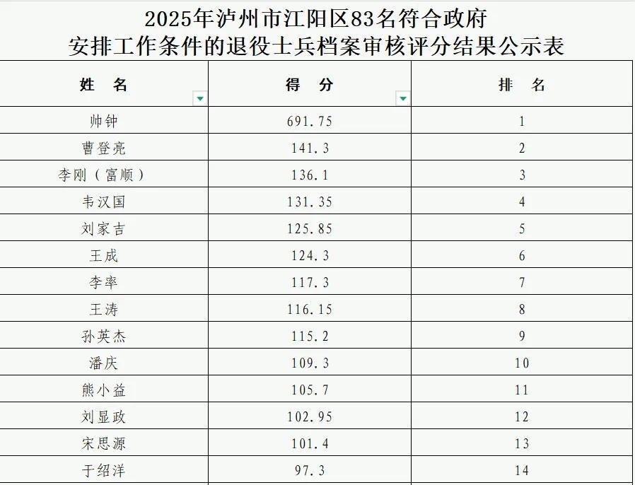 【四川省泸州市江阳区】2025年符合政府安排工作退役士兵安置岗位公示