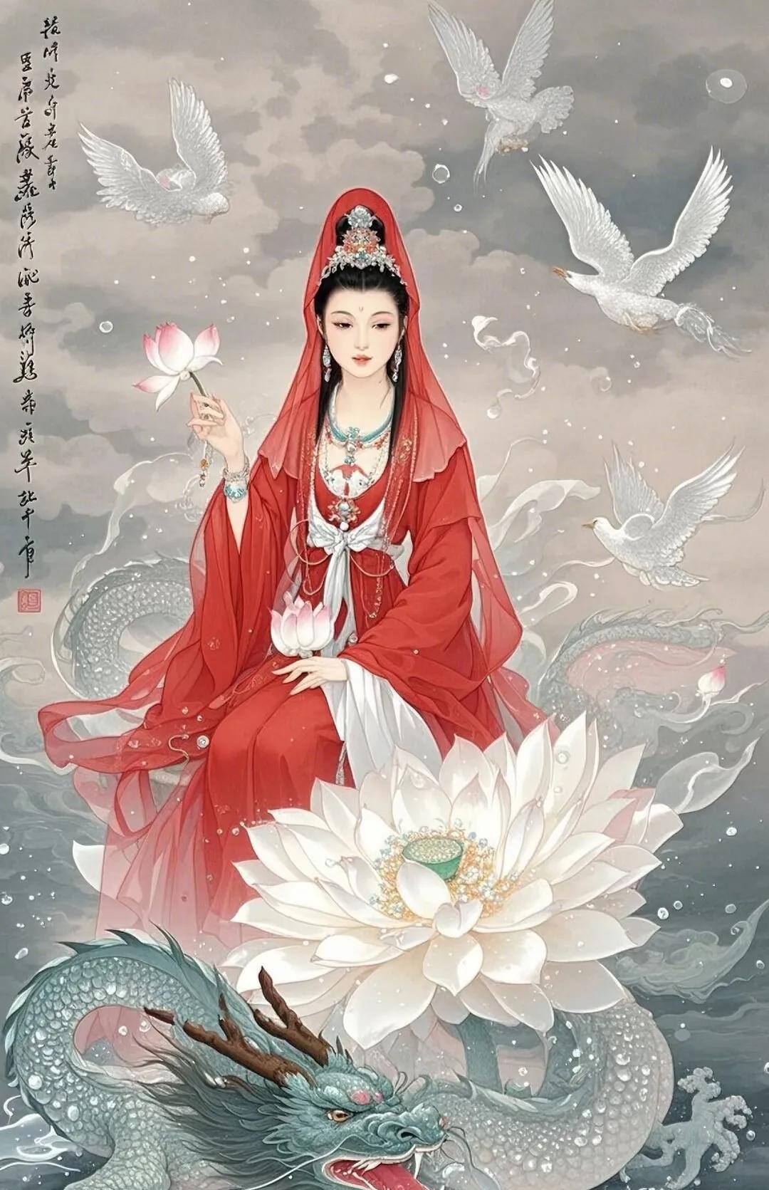 红衣观音坐莲花，白鹤伴龙戏水间。#白衣仙韵# #湖中仙鹤# #每日一诗# #白鹤