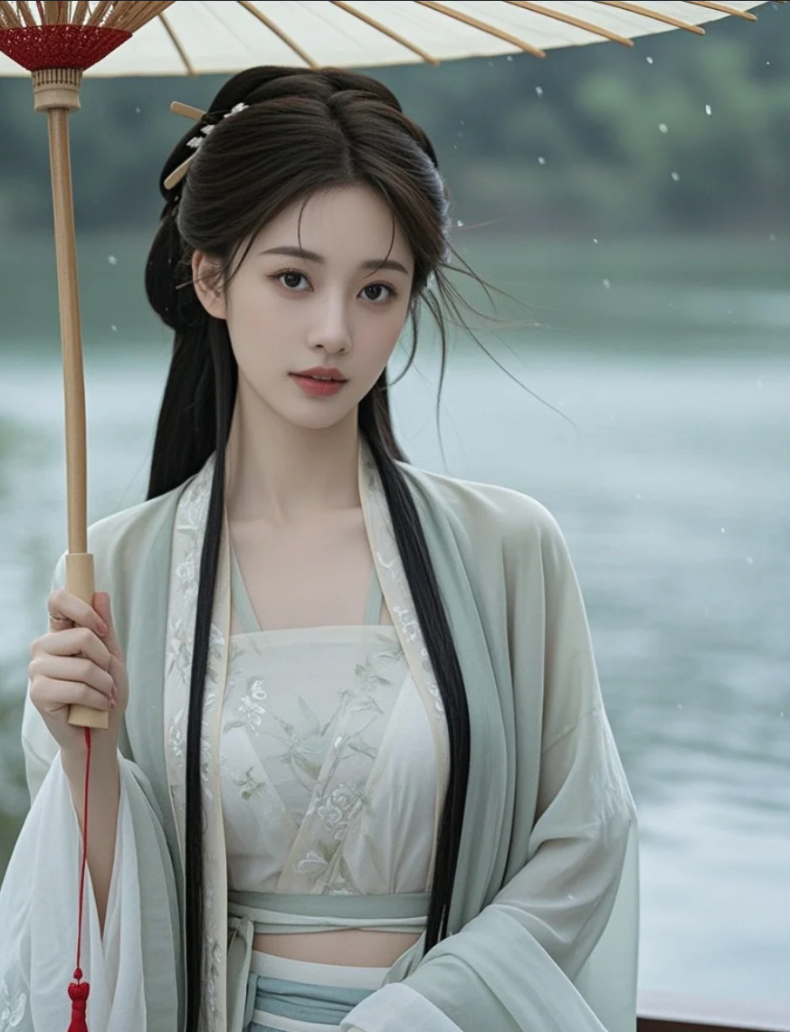 她站在湖边吟诗，连风都为她停驻