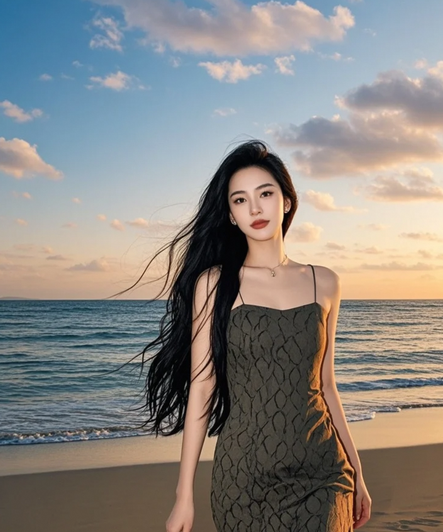 长发如海藻般随风飘散，映衬着湛蓝的海岸线