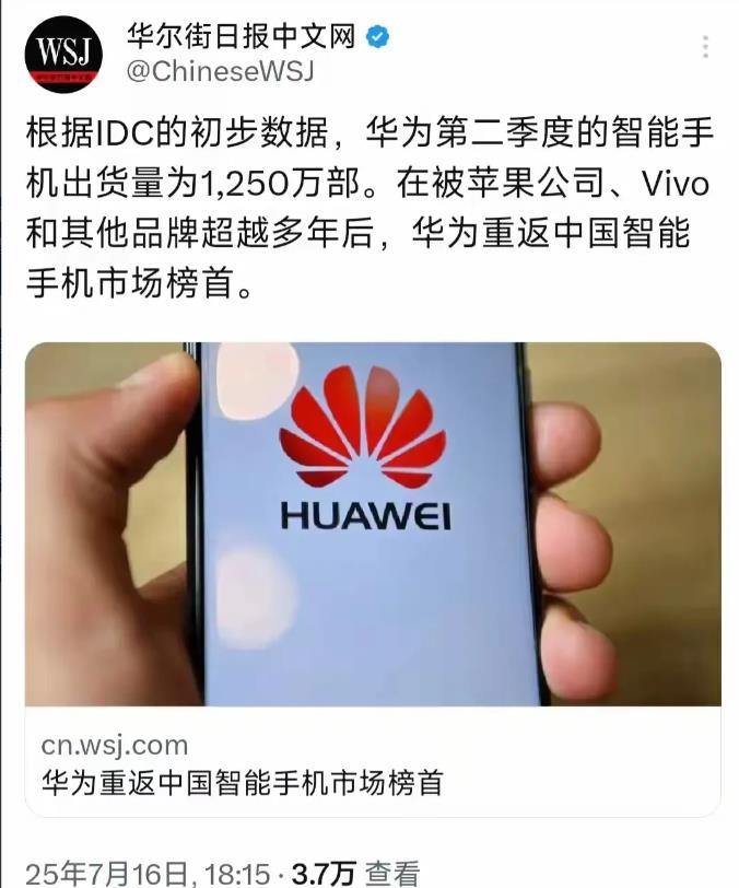 华为超越苹果，
重登中国智能手机榜首！
华为第二季度的售量是1250万部。有人认