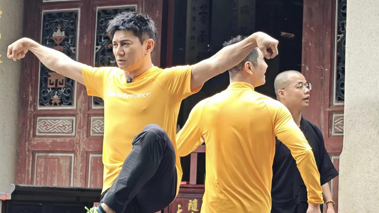 54岁吴奇隆在泉州，去少林寺学习武术，身材好圆润，挑战金鸡独立