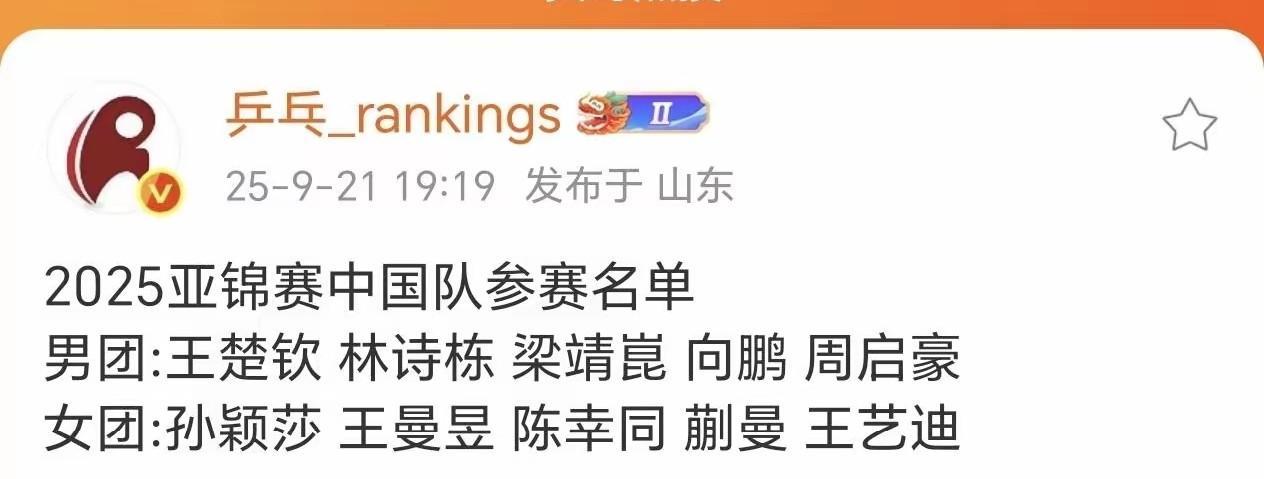 乒超男队的魏桥和黄石一起去打亚锦赛。
亚锦赛国乒男队名单出来了，山东魏桥的王楚钦
