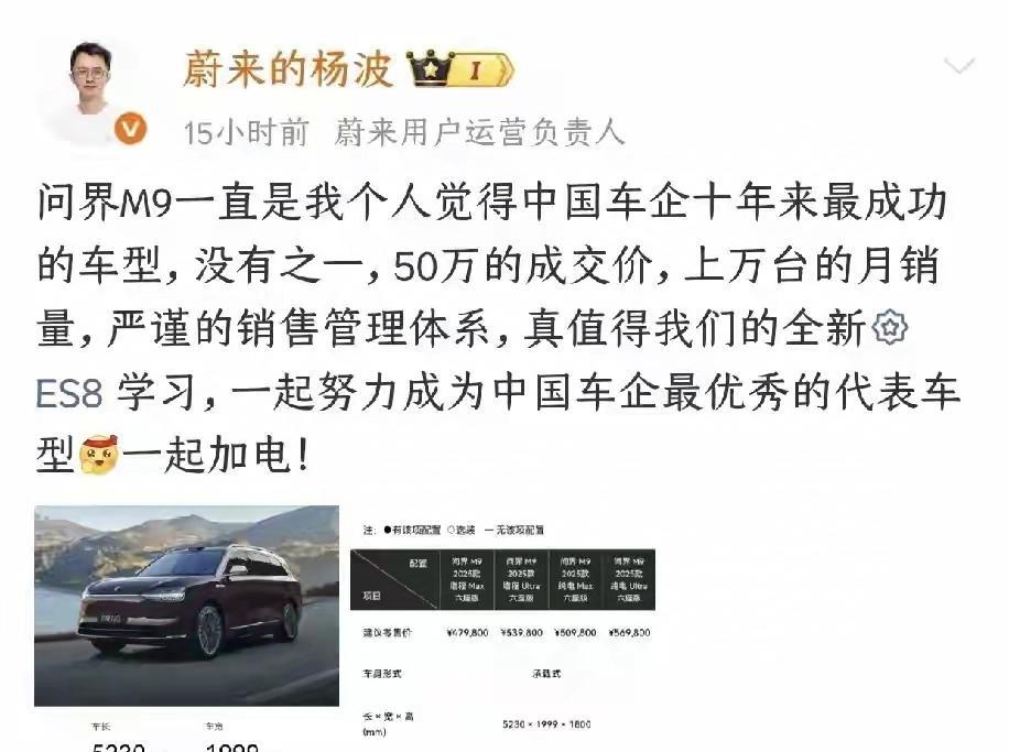 蔚来高管：问界M9是中国车企十年来最成功的车型，没有之一。
事实正如蔚来运营负责