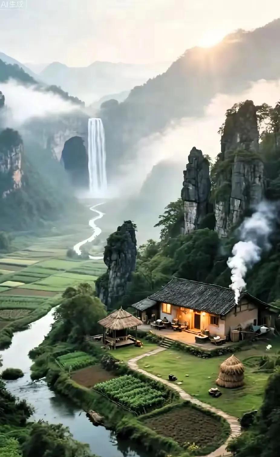 七绝·幽居乐园
文/方立新
雾罩群峰美故园，
山青水秀醉灵魂。
炊烟一股红灯亮，