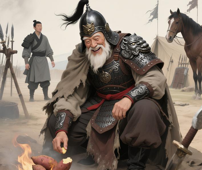 1368年寒冬，一个胡子花白的老将军正蹲在火堆旁烤红薯。路过的新兵笑话他：