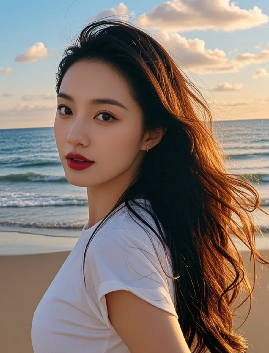 明艳红唇映衬着清澈眼眸，她在海风中走出活力四射的优雅姿态